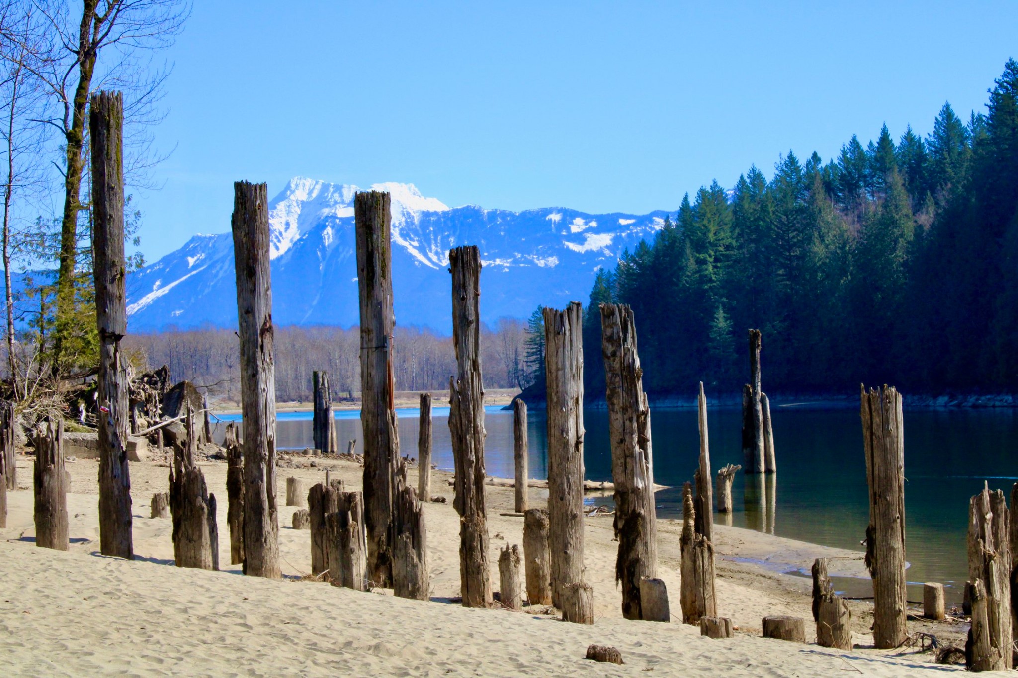 Snow-capped Mount Cheam above a calm lake near Hemlock Valley