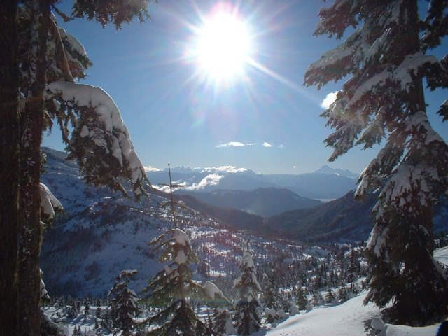 Winter sun bursting over the snow-covered Hemlock Valley, framed by frosted evergreens