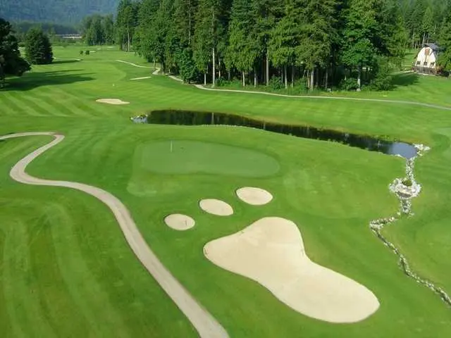 Aerial view of a green golf course carved into the forest by the river